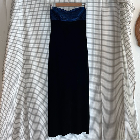 Vintage All That Jazz SML 90s Black Velour Blue Strapless Dress w High Slit💦🔥 - Picture 3 of 13